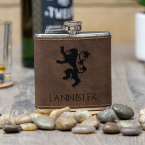House Lannister Game of Thrones Sigil 6 ounce leatherette flask with FREE Funnel
