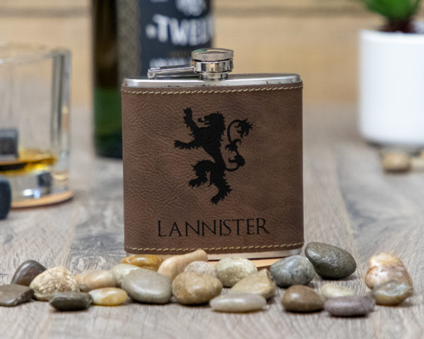House Lannister Game of Thrones Sigil 6 ounce leatherette flask with FREE Funnel
