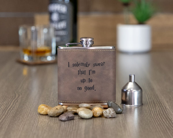 I Solemnly Swear That I Am Up To No Good 6 ounce leatherette flask with FREE Funnel