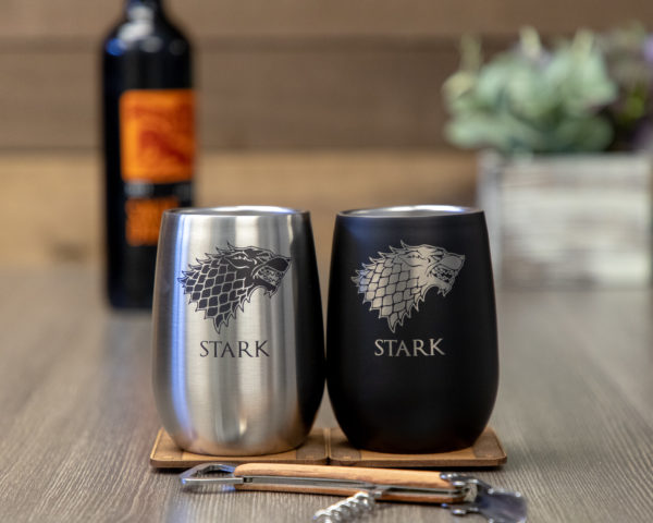 Set of 2 House Stark Game of Thrones Sigil 12 ounce Stainless Steel Stemless Wine Glass