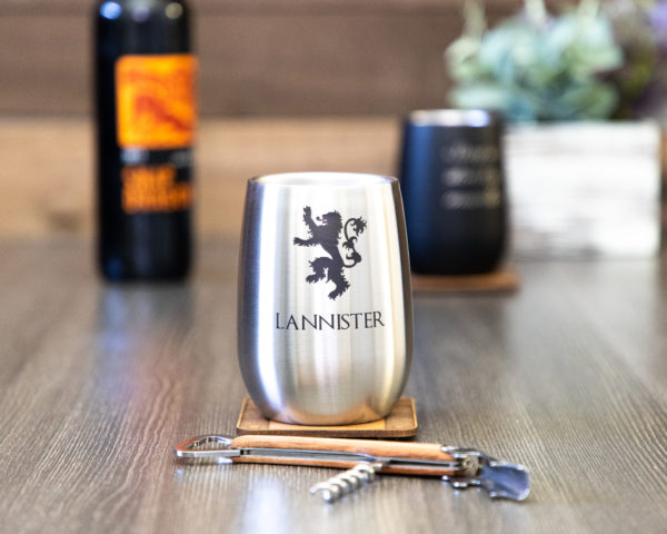 Set of 2 House Lannister Game of Thrones Sigil 12 ounce Stainless Steel Stemless Wine Glass