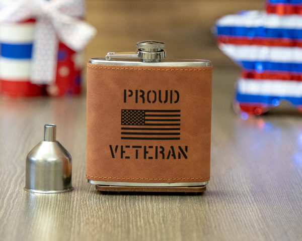 Proud Veteran Stencil American Flag 6 ounce leatherette flask with FREE Funnel