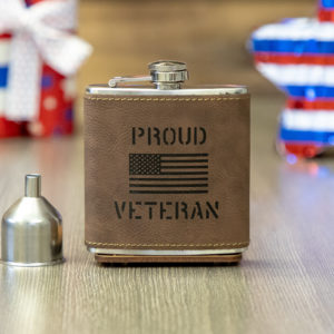 Proud Veteran Stencil American Flag 6 ounce leatherette flask with FREE Funnel