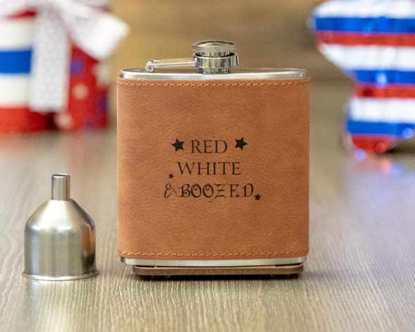 Red White & Boozed 6 ounce leatherette flask with FREE Funnel