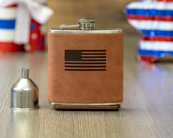 American Flag 6 ounce leatherette flask with FREE Funnel