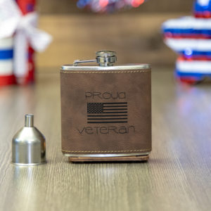 Proud Veteran American Flag 6 ounce leatherette flask with FREE Funnel