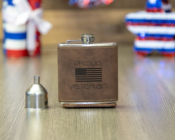Proud Veteran American Flag 6 ounce leatherette flask with FREE Funnel