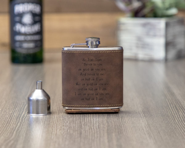 An Irish Toast 6 ounce leatherette flask with FREE Funnel