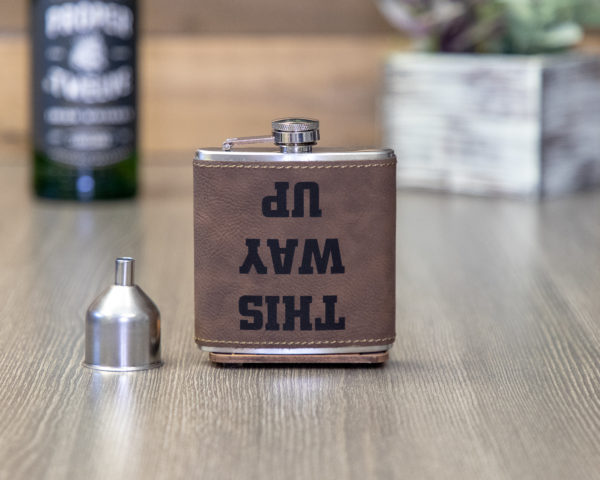 This Way Up 6 ounce leatherette flask with FREE Funnel