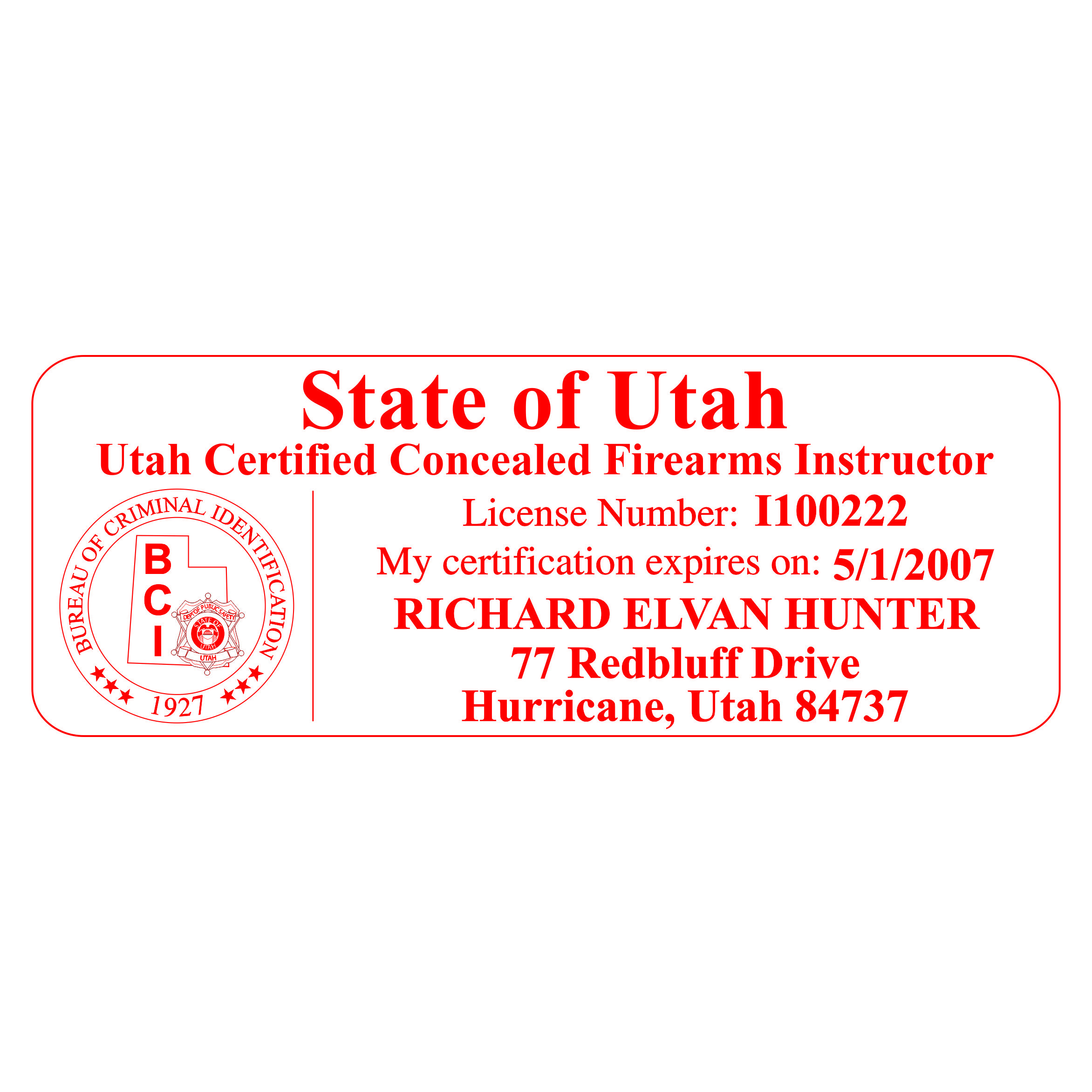 Utah Concealed Firearms Instructor Seal Stamp - Pre-inked